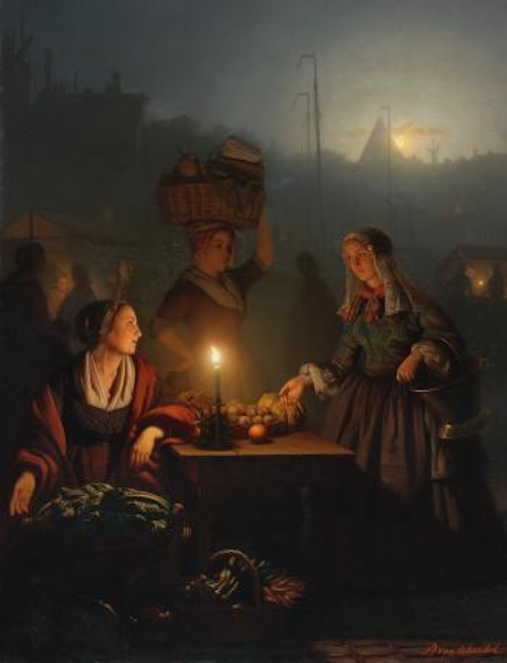 Buying Fruit And Vegetables At The Night Market by Petrus van Schendel