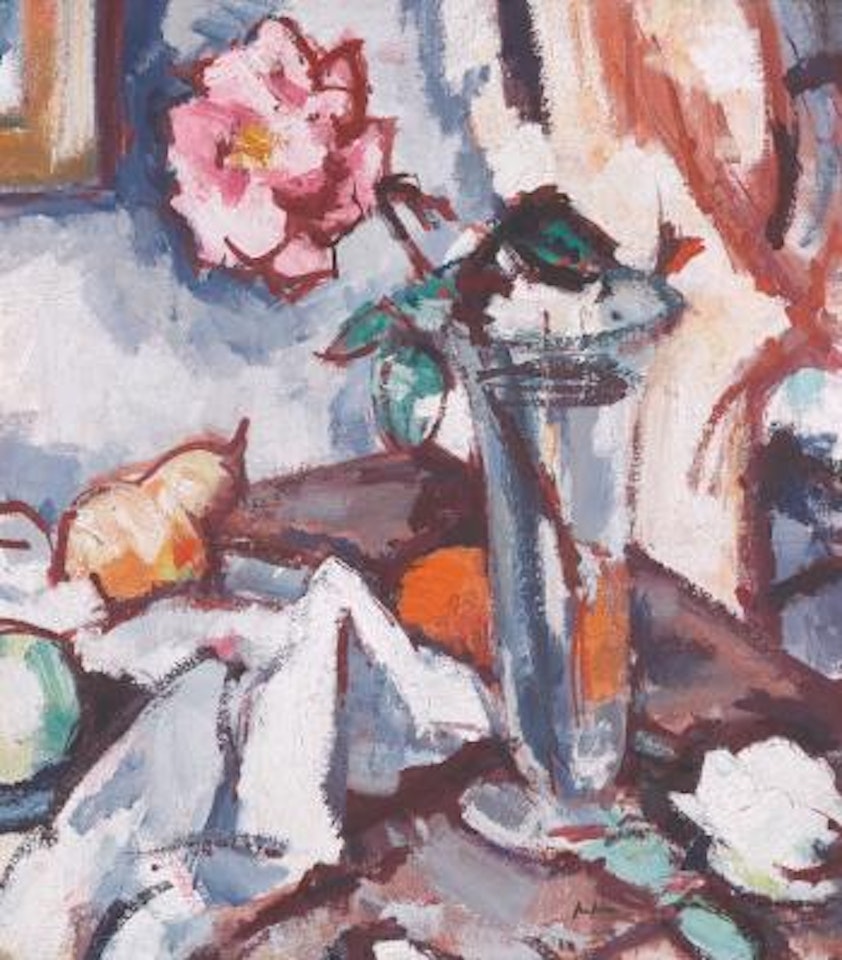 Pink Rose In Glass Vase With Fruit by Samuel John Peploe