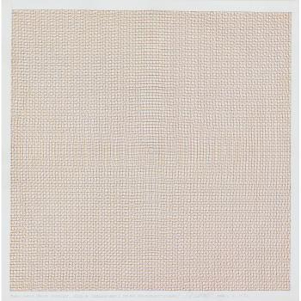 Black Grid, Blue Circles, Red & Yellow Arcs From Adjacent Sides by Sol LeWitt