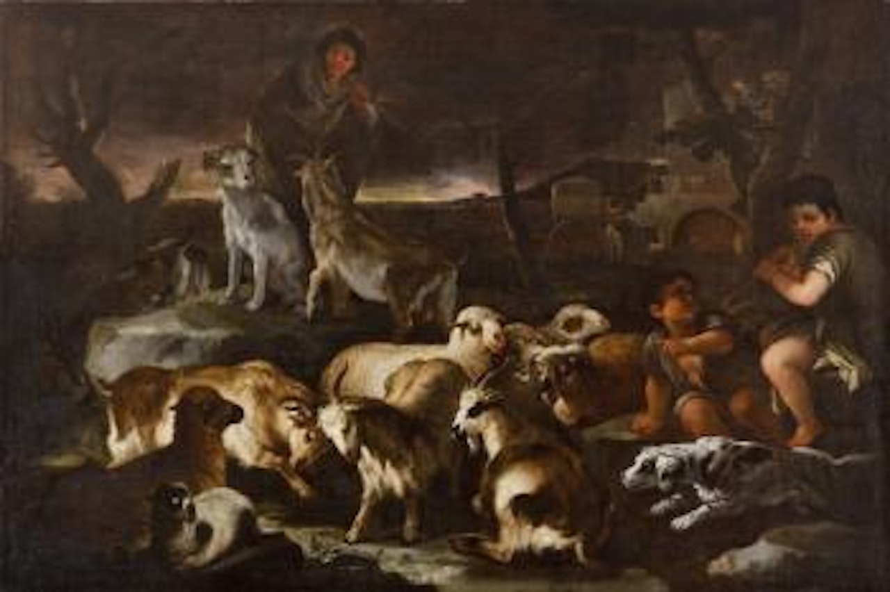 Un pastore e due pastorelli tra armenti, in un paesaggio agreste all'alba by Circle of Luca Giordano