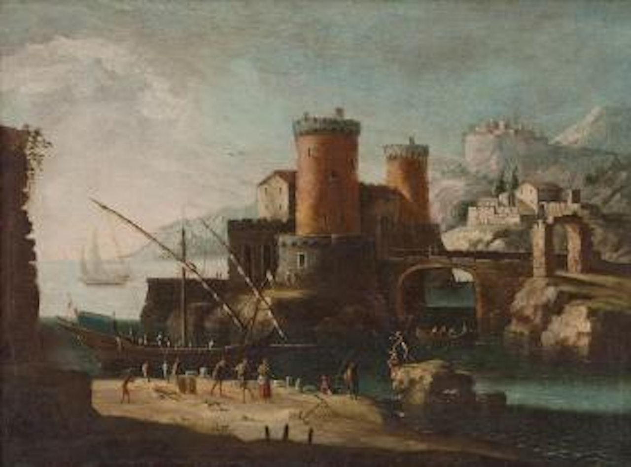 Veduta di porto con due torri e un ponte al centro, rovine sulla sinistra, barche e astanti. Veduta di porto con una torre e un ponte sulla sinistra, barche e astanti by Gennaro Greco