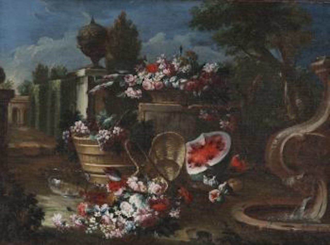 Ceste con fiori, un tino con l'uva, fichi e anguria presso una fontana in un giardino con un vaso di terracotta su una balaustra by Gasparo Lopez