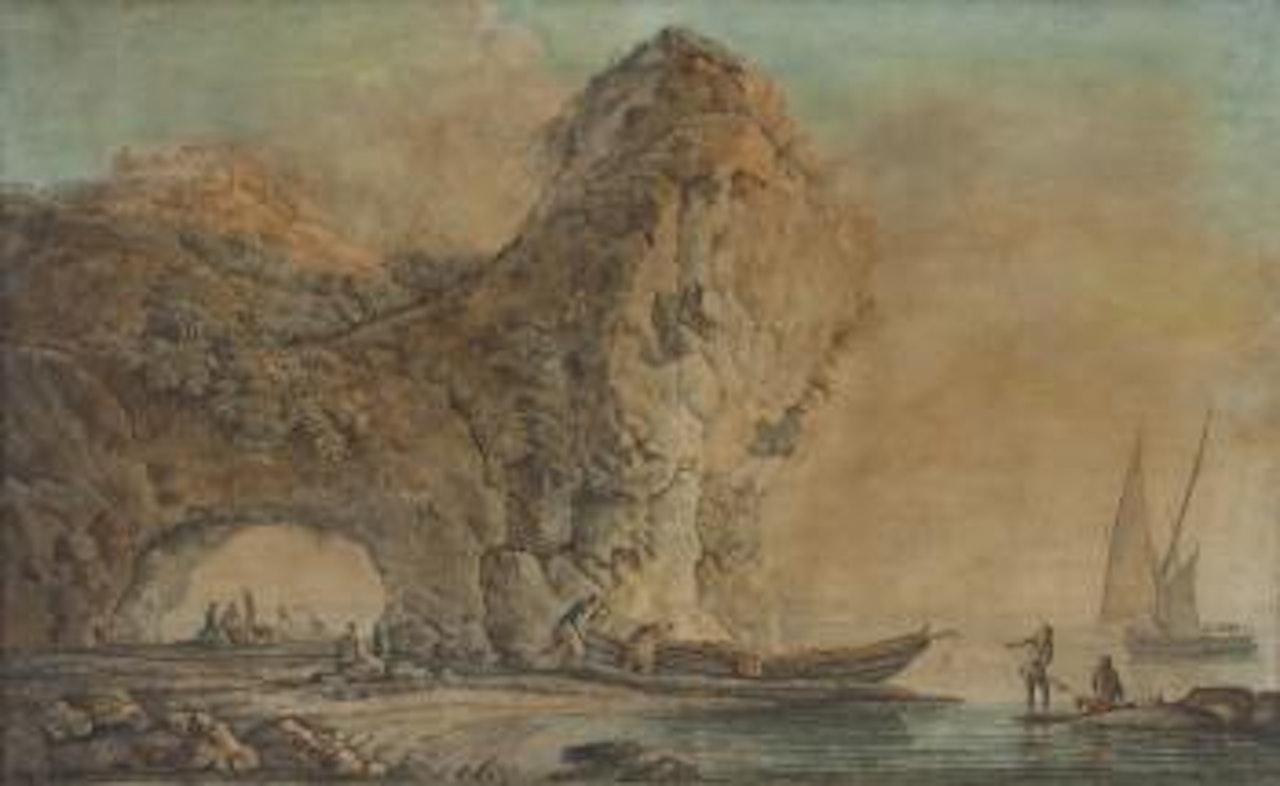 Pescatori e barche in una marina con sperone roccioso e arco naturale sulla sinistra by Carlo Bonavia