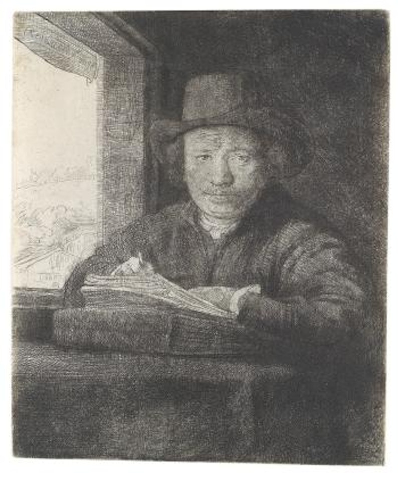 Rembrandt drawing at a window by Attributed to Rembrandt Harmensz van Rijn