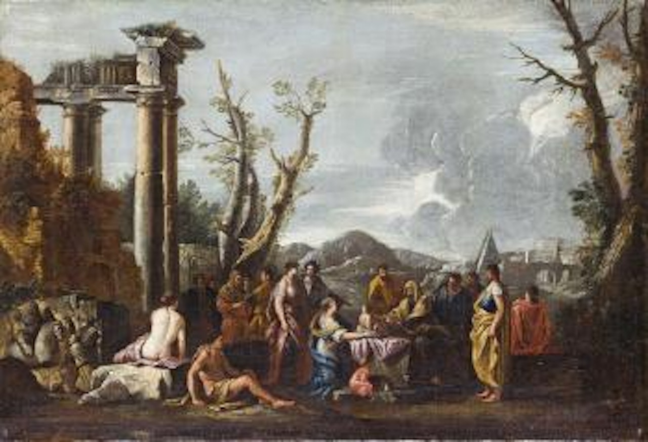 Capriccio architettonico con astanti in abiti classici e la piramide Cestia in lontananza [Capriccio with figures and the pyramid of Caio Cestio in the background] by Giovanni Ghisolfi