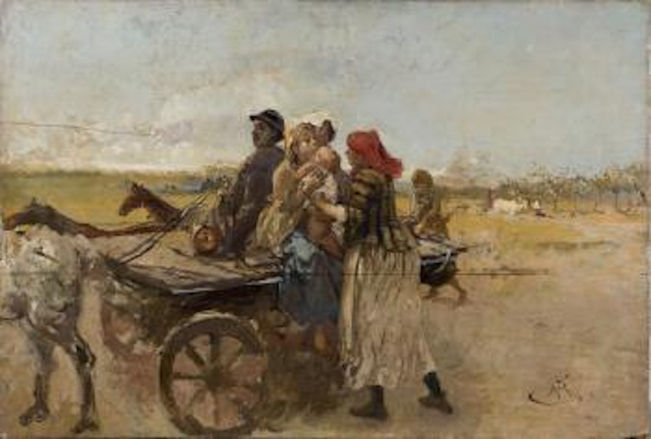 Ritorno dai campi [Back home]. Figura femminile in abiti eleganti che esce da un sipario by Mose Bianchi