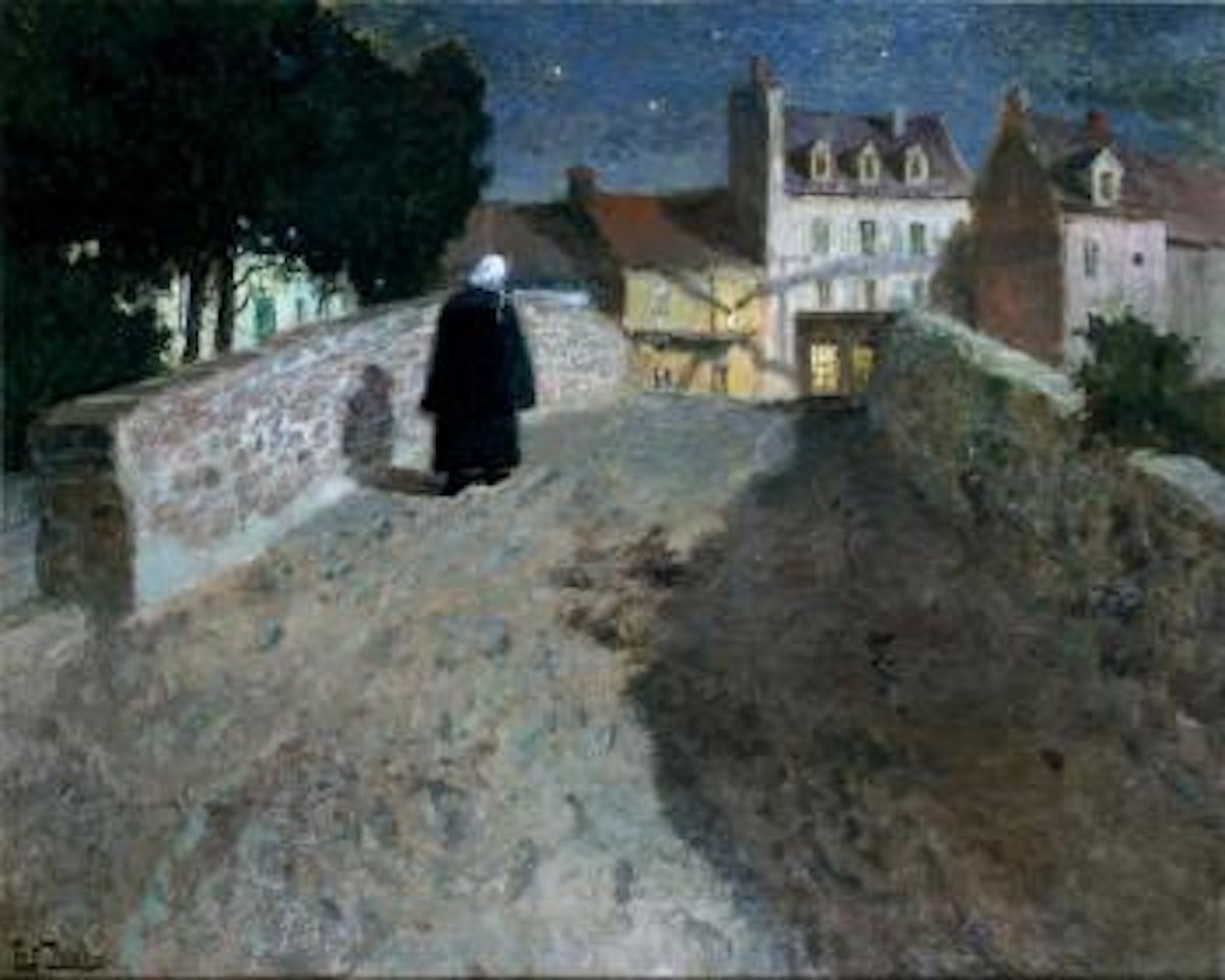 Le soir à Quimperlé, Bretonne sur le pont by Fritz Thaulow
