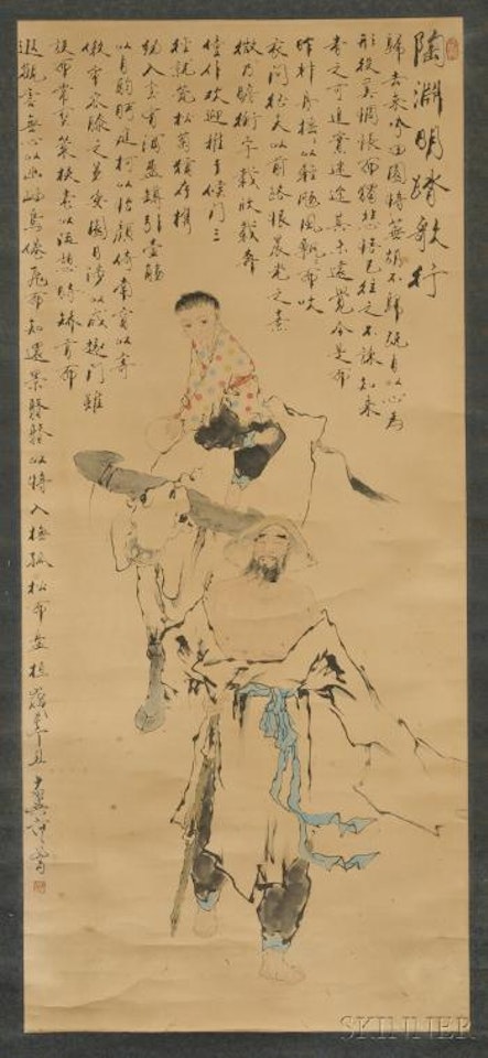 Child riding on the back of a cow with a man by Fan Zeng