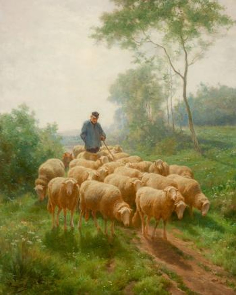 Shepherd with flock by Frans de Beul