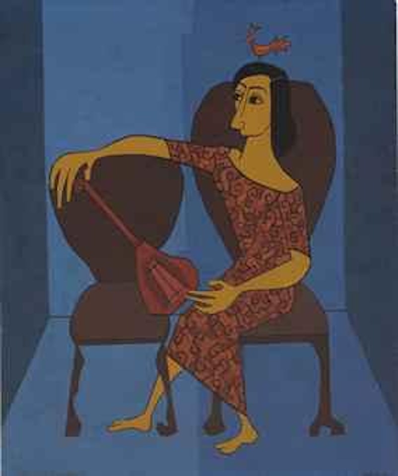 Mujer sentada con guitarra by Cundo Bermudez