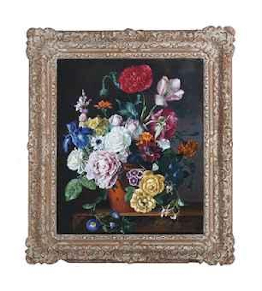 Roses, Carnations, Honeysuckle and Irises in an earthenware vase on a stone ledge by Frederick Victor Bailey