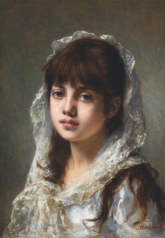Portrait Of a Young Girl Wearing a White Veil by Alexei Harlamoff
