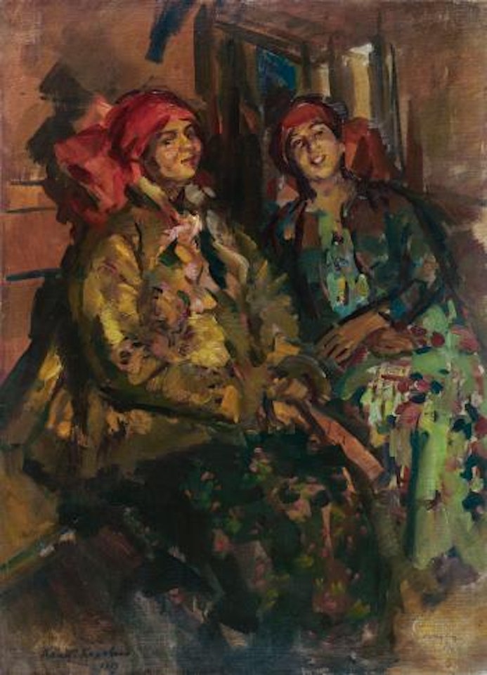 Two Girls In Peasant Costumes by Konstantin Alekseevich Korovin