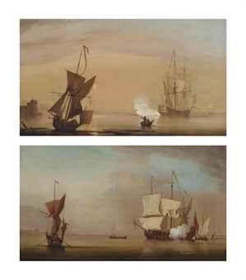 A two-decker announcing its departure from a fortified anchorage; and A Royal Navy two-decker saluting the departure of an Admiral (both illustrated) by Peter Monamy