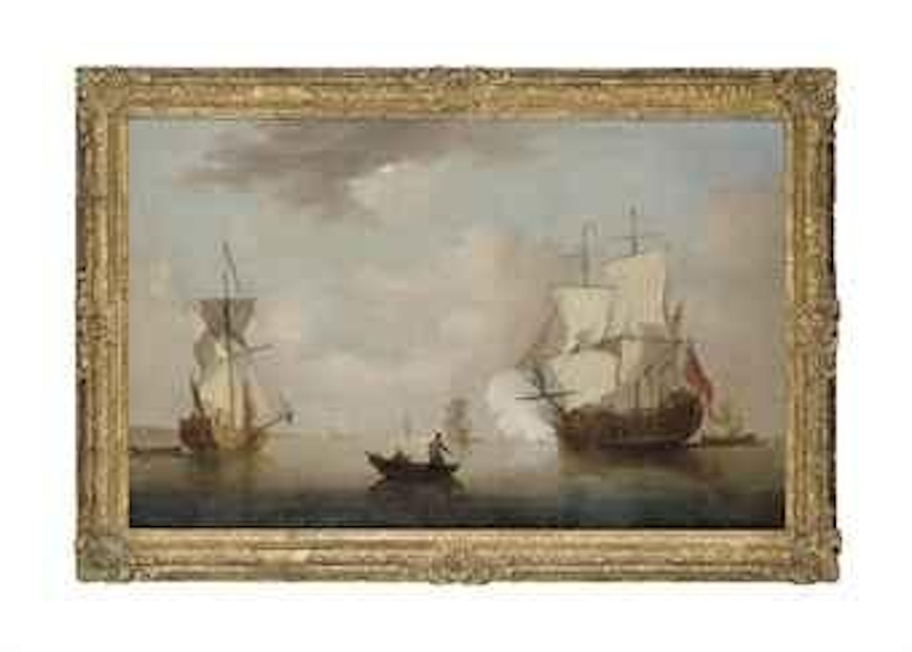 The flagship firing a salute as she leaves the anchorage, with a Royal Yacht making ready to depart by Peter Monamy