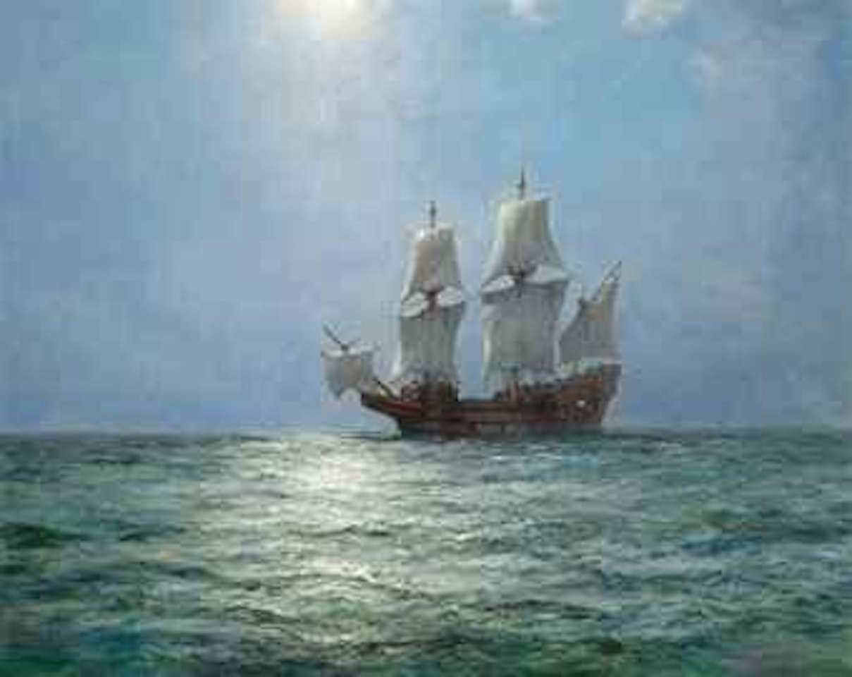 Isolation: The Mayflower becalmed on a moonlit night by Montague Dawson