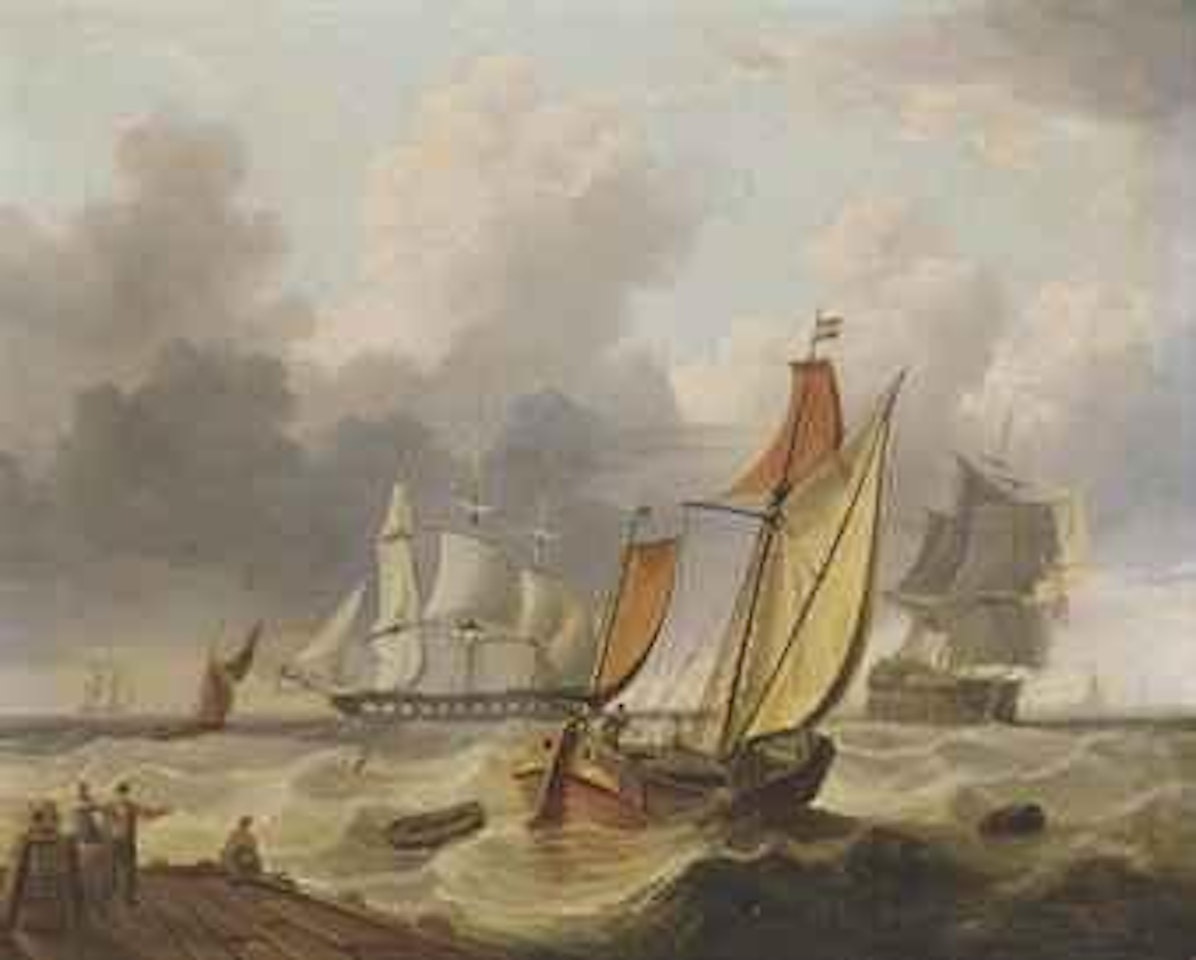 A large three-decker, a frigate and other shipping in a stiff breeze off the harbour mouth (illustrated); and Warships and barges in an offshore swell by Charles Martin Powell
