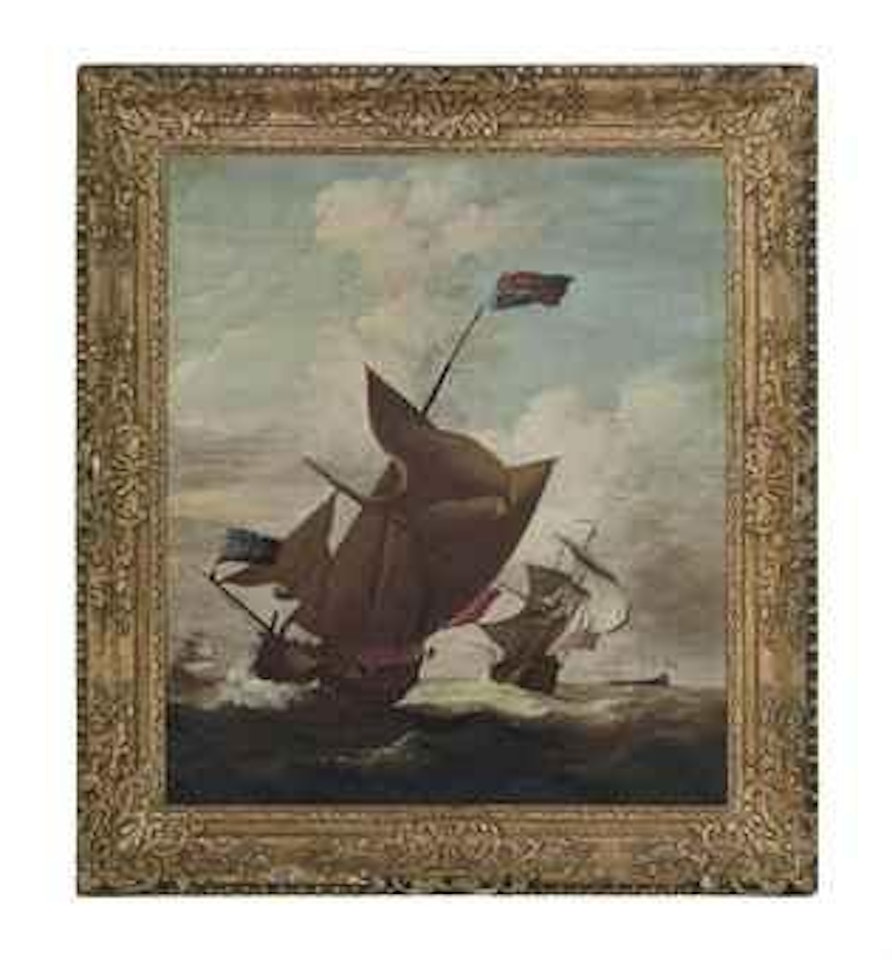 An English Royal Yacht, with the Lord High Admiral, Prince George (husband of Queen Anne, 1653-1708) aboard, amidst escorting warships in a stiff breeze possibly en route to Denmark, the Prince's home by Peter Monamy