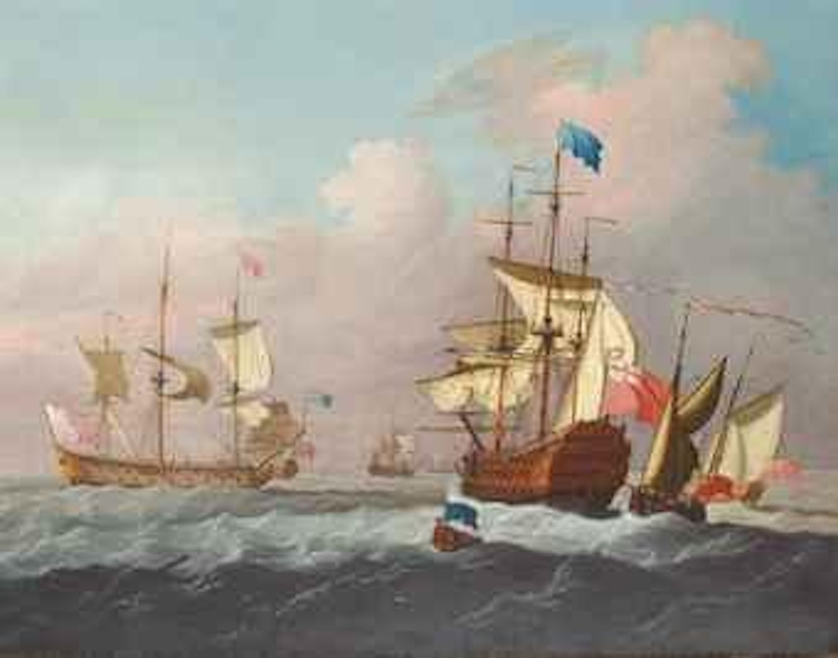 Ships of the fleet hove-to offshore awaiting the arrival of an Admiral of the Blue approaching the flagship in his barge by Francis Swaine