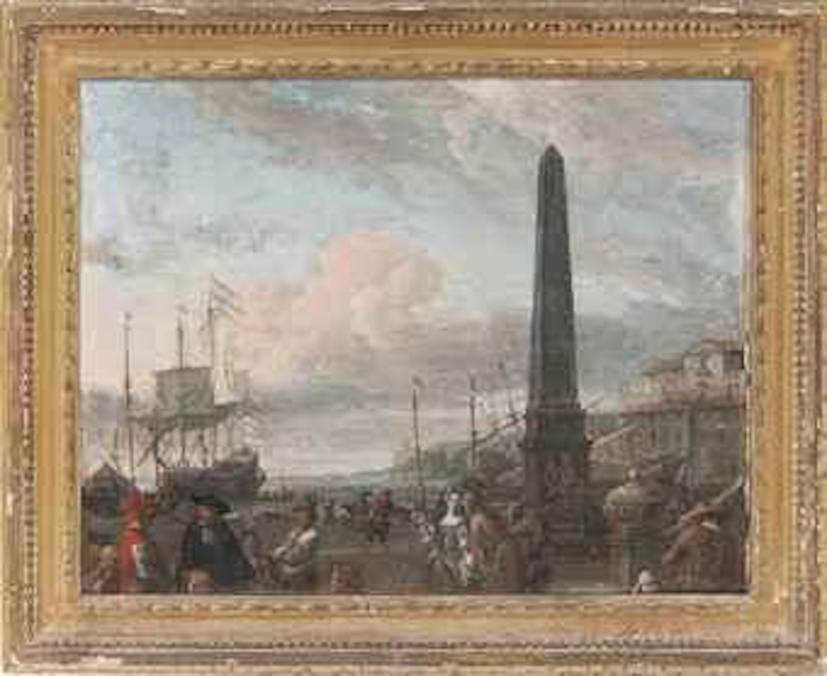 A capriccio of a large Dutch merchantman lying off a Mediterranean port, with elegant figures and traders on the quayside by Abraham Storck