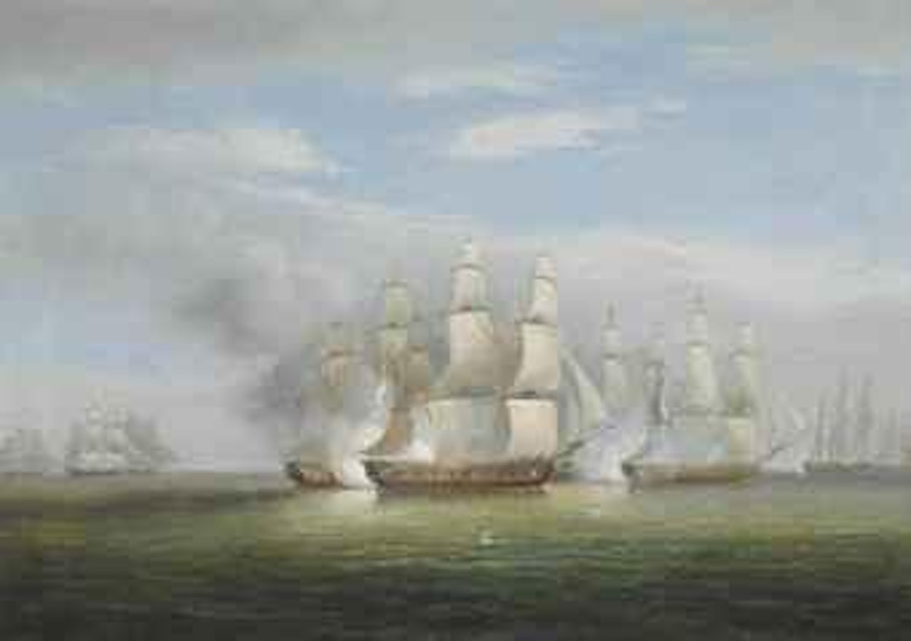 H.M.S. Arethusa and the British frigates Flora, Melampus, Concorde and Nymphe, engaging the French frigates L'Engageante, Résolue, Pomone and Babet off Guernsey, 23rd April 1794 by Thomas Luny