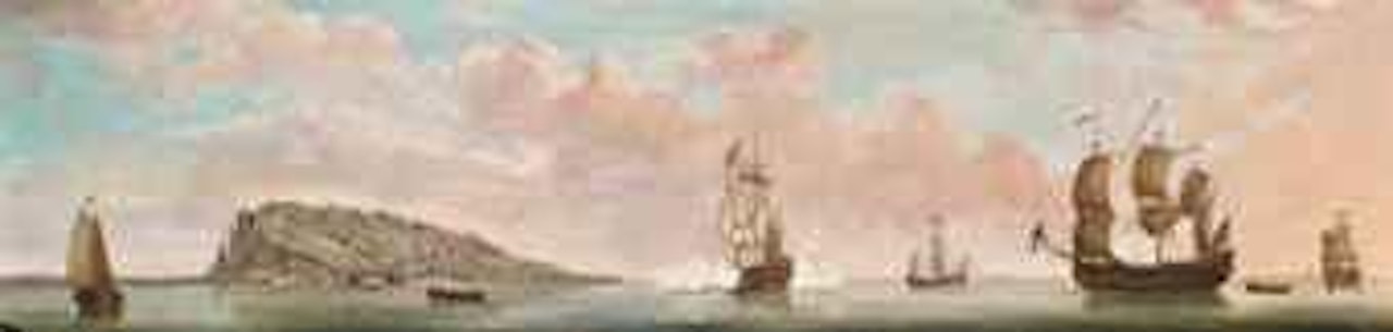 A Squadron of the Red arriving in the bay before Gibraltar, with the flagship firing a salute to alert the town and fortress beyond by Francis Swaine