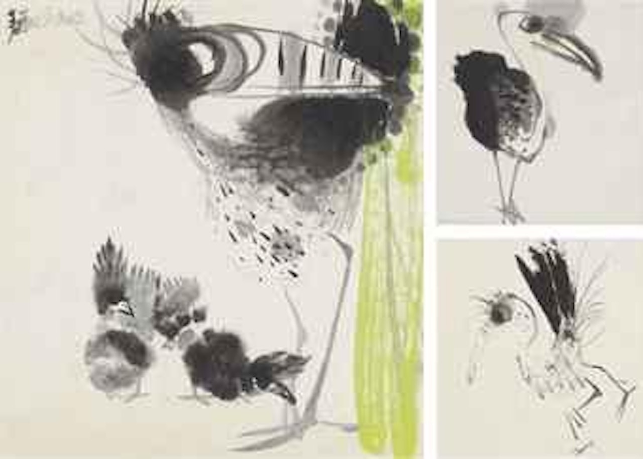 Family at Peace with Cosmos; Young Bird Striding Forth; & Untitled by Chao Chung-Hsiang (Zhao Chunxiang)