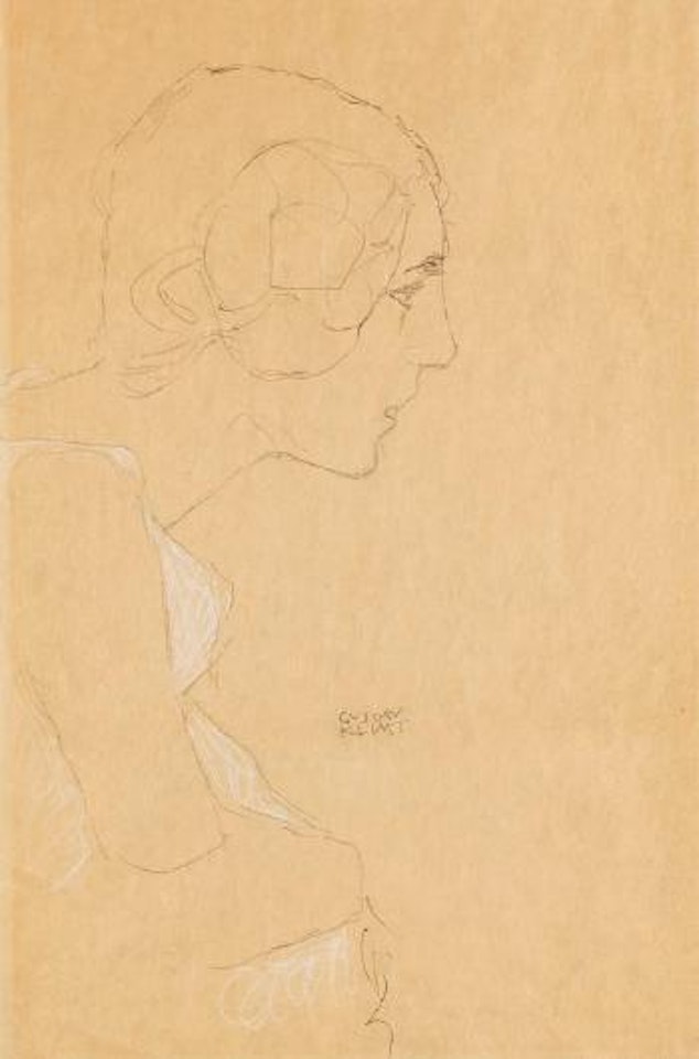 Brustbild eines Mädchens im Profil nach rechts - Kniestück im Profil nach rechts by Gustav Klimt