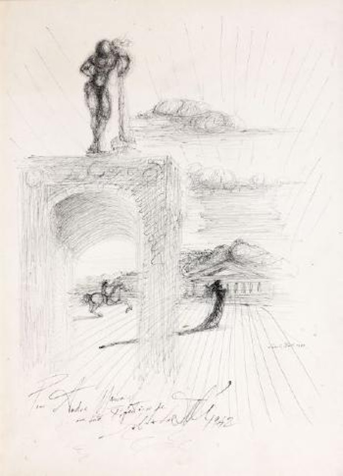 Etude à l'architecture, chevalier et personnages by Salvador Dali
