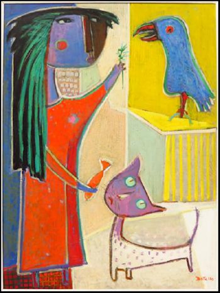 Girl with bird and cat by Angel Botello