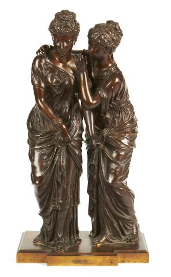 Two classical maidens, one leaning in to whisper to the other,  who holds a scroll in her left hand by Mathurin Moreau