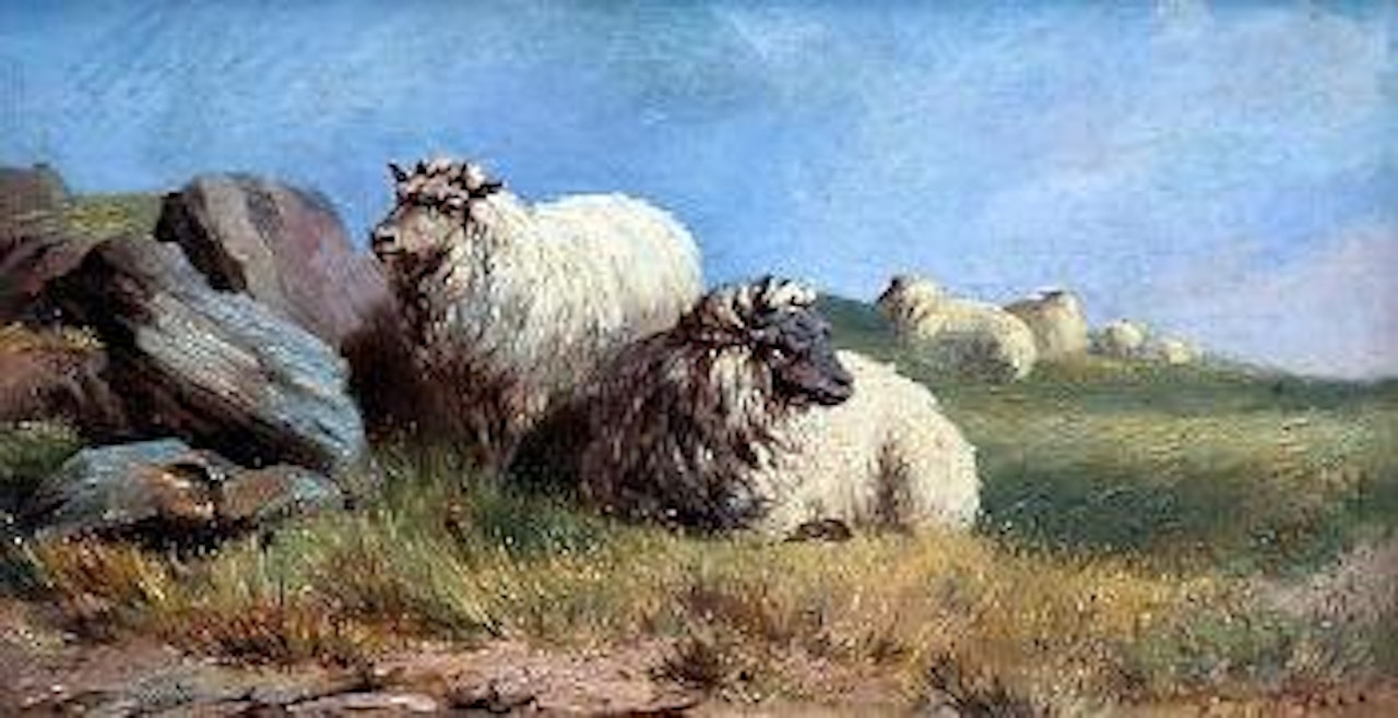 Sheep in a moorland landscape by Thomas Sidney Cooper