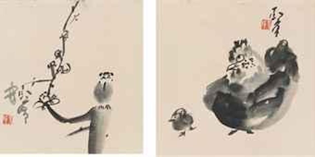 Hen and Chick/Bird on Branch/Grasshopper on Grape Vine by Ding Yanyong