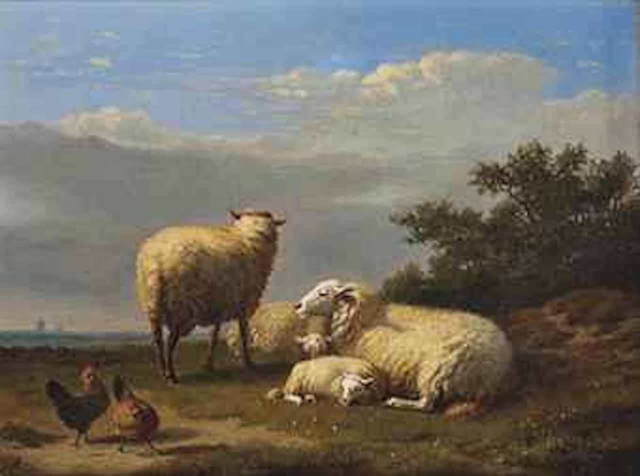 Sheep and poultry in pasture by Eugène Joseph Verboeckhoven