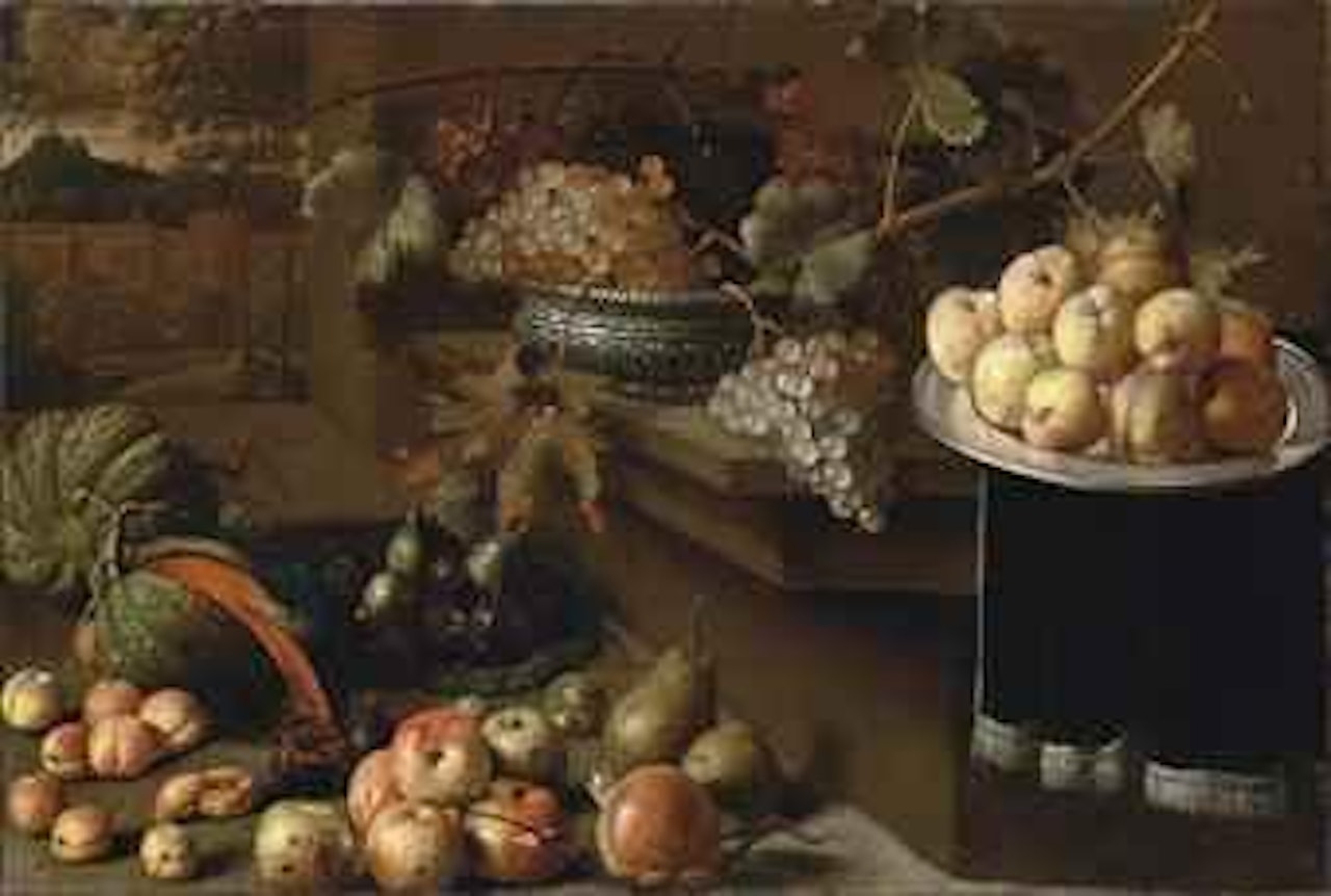Natura morta di frutta su sfondo di paesaggio by Dutch School