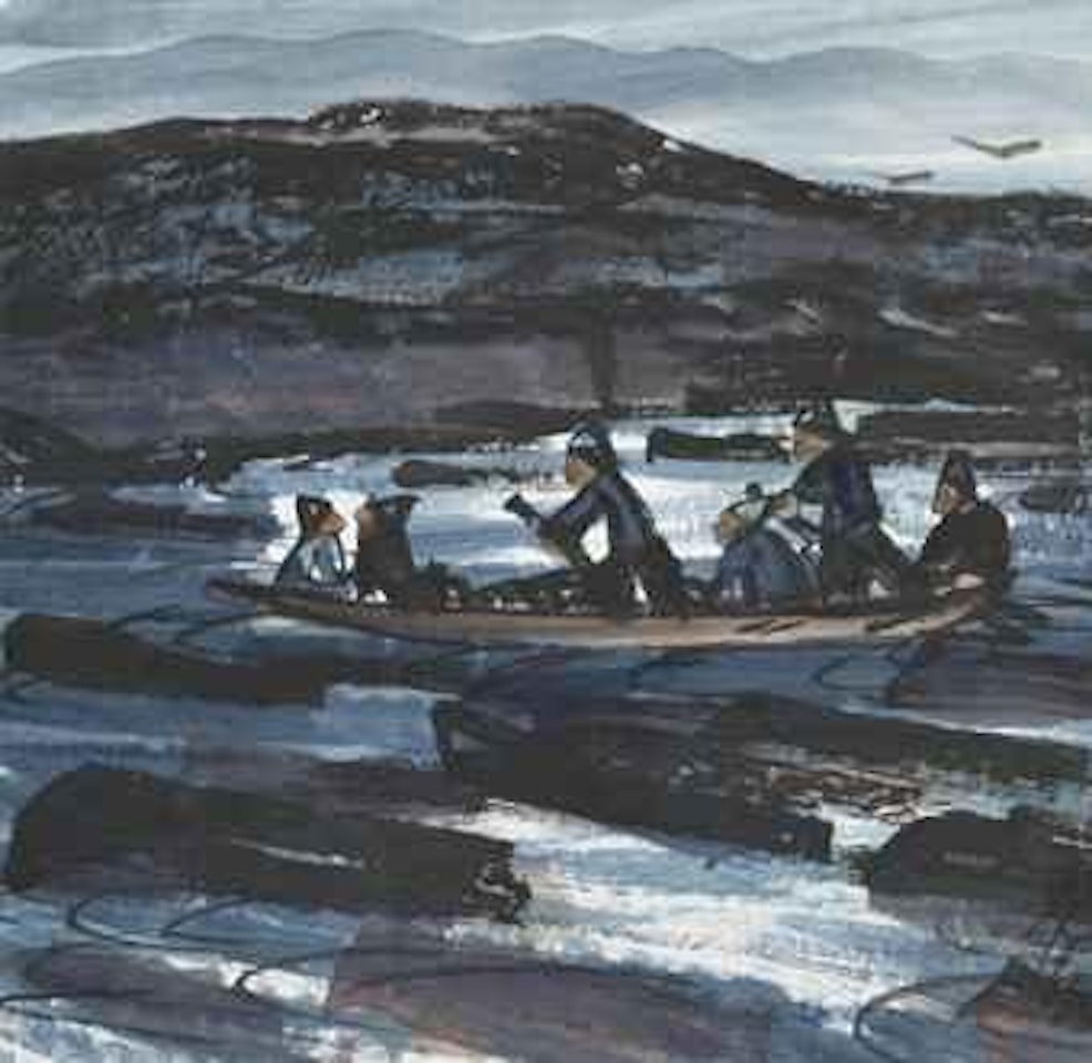 Dans un paysage lacustre, des pêcheurs sur une barque by Lin Fengmian