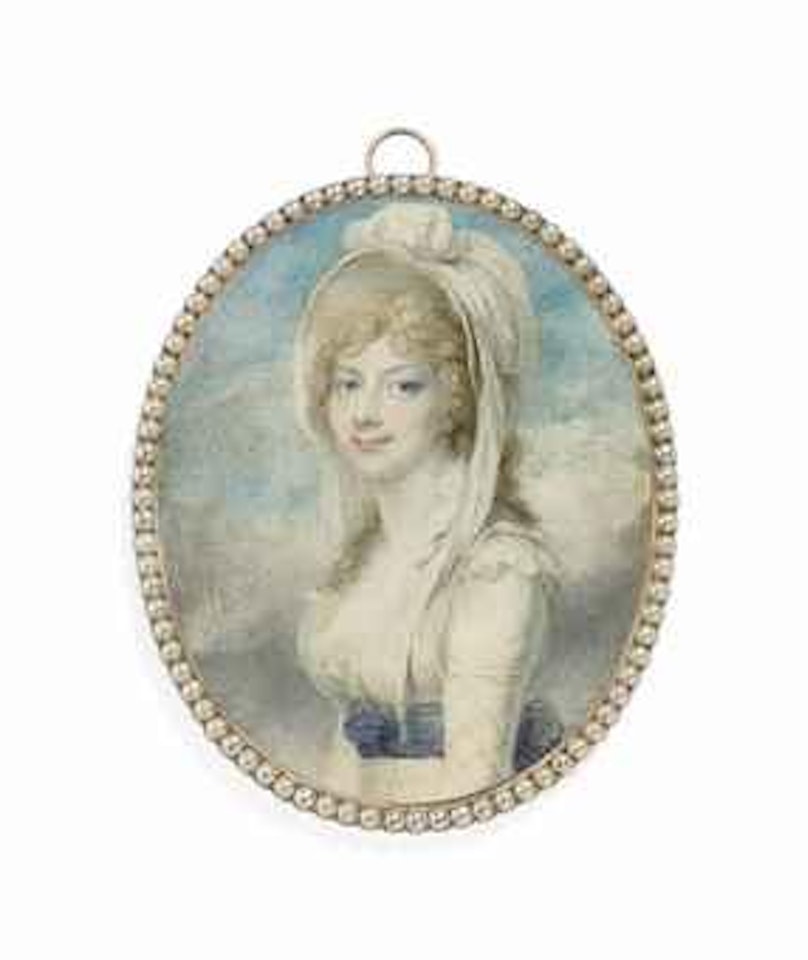 Princess Augusta Sophia (1768-1840), in white dress with frilled open collar, the sleeves embroidered with a criss-cross pattern, blue sash tied around waist, a white bonnet with falling ribbon in her fair curling hair; sky background by Richard Cosway