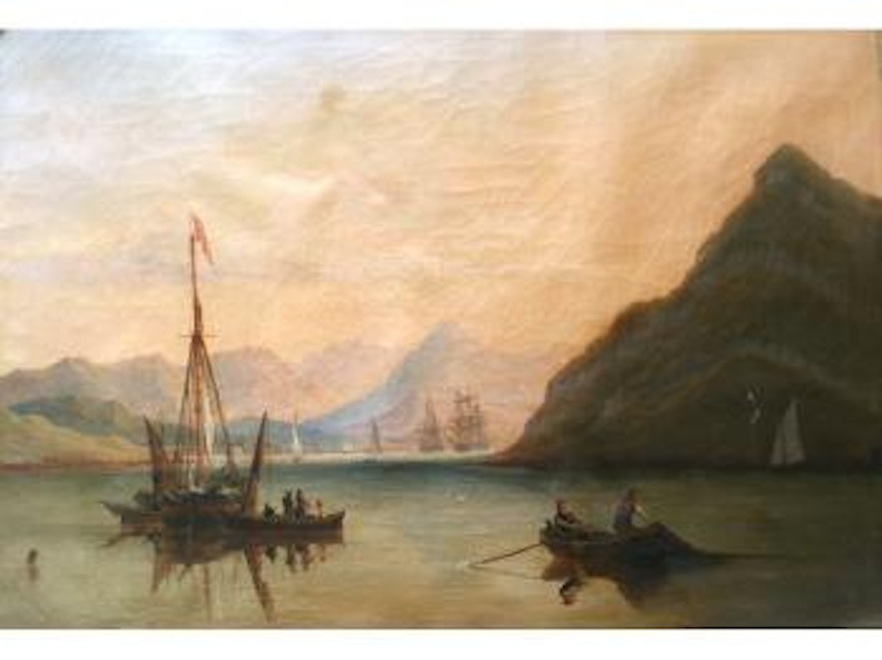A scene with tall ships and fishing boats by Joseph Walter Of Bristol