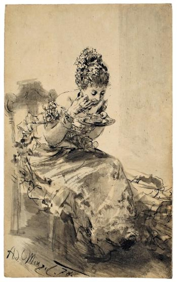 Auf einem Stuhl sitzende Dame im Ballkleid, aus einem Suppentässchen löffelnd by Adolph Menzel