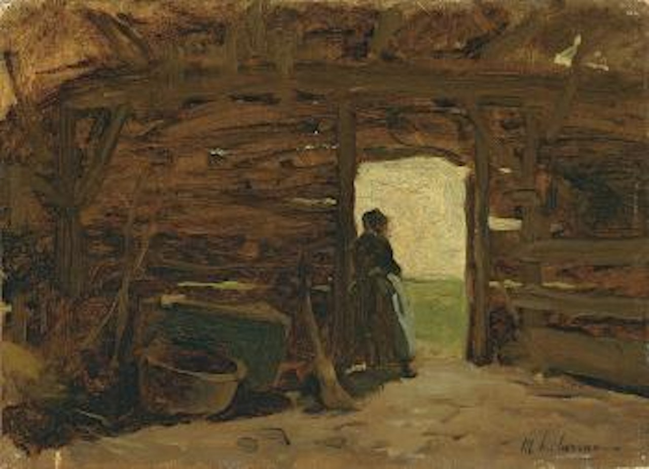 Bauersfrau in einem Schuppen - Blick aus der Tür auf Dünenlandschaft by Max Liebermann