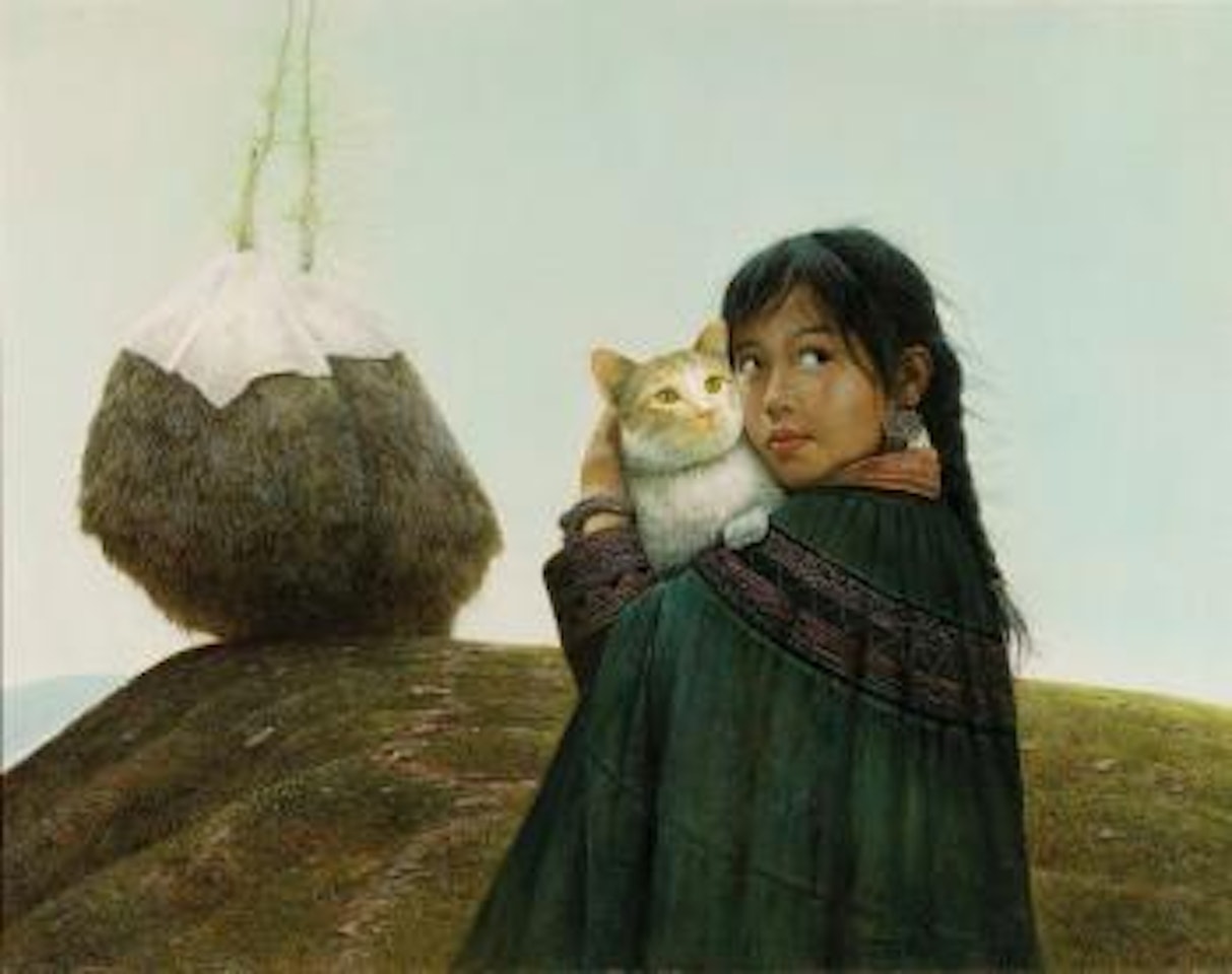 Autumn: girl holding a cat by Luo Zhongli