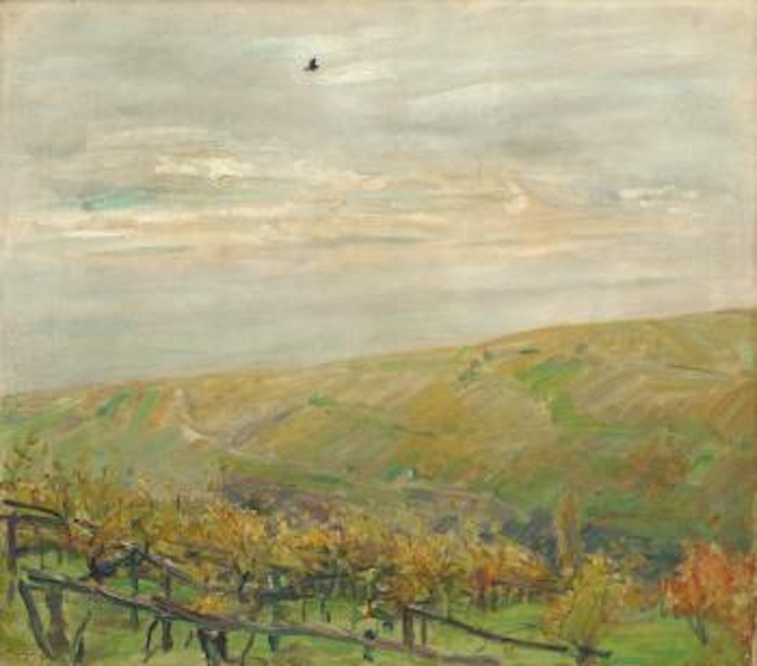 Landschaft mit fliegendem Vogel (Blick ins Leinsweiler Tal im Herbst) by Max Slevogt