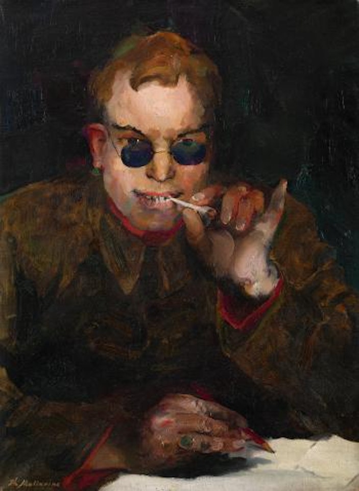 Portrait of a young man in blue spectacles by Filip Malyavin