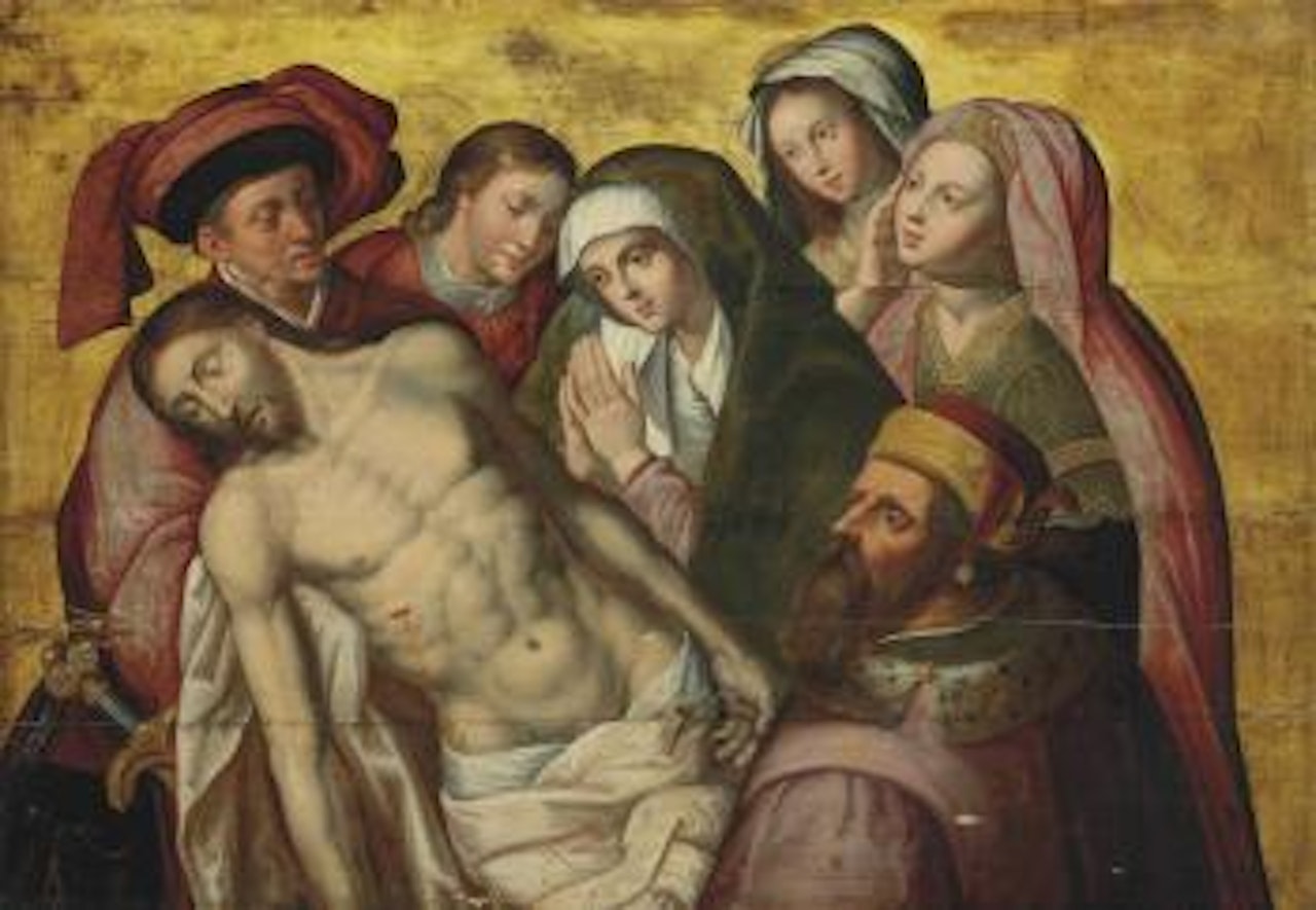 The Lamentation with Mary Magdalene, Saint John the Evangelist and donors by Hugo van der Goes
