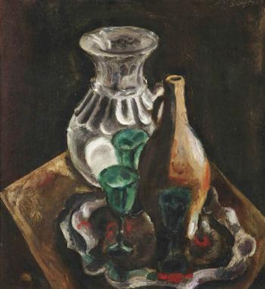 A still life with a jar and green wine glasses by Jan Sluyters