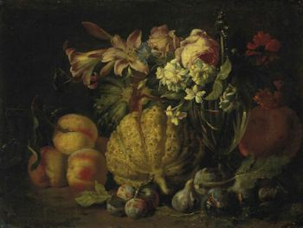 Peaches, melons, plums, figs, lillies, roses, and other flowers with a glass carafe by Abraham Brueghel