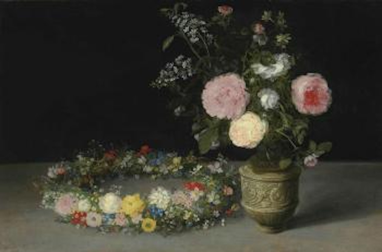 A still life of an ornamented stoneware jug holding a bouquet of roses and lilacs, with a wreath of many smaller flowers, including roses, carnations, cyclamen, narcissi, forget-me-nots and love-in-a-mist, lying on a table by Jan Brueghel the Younger