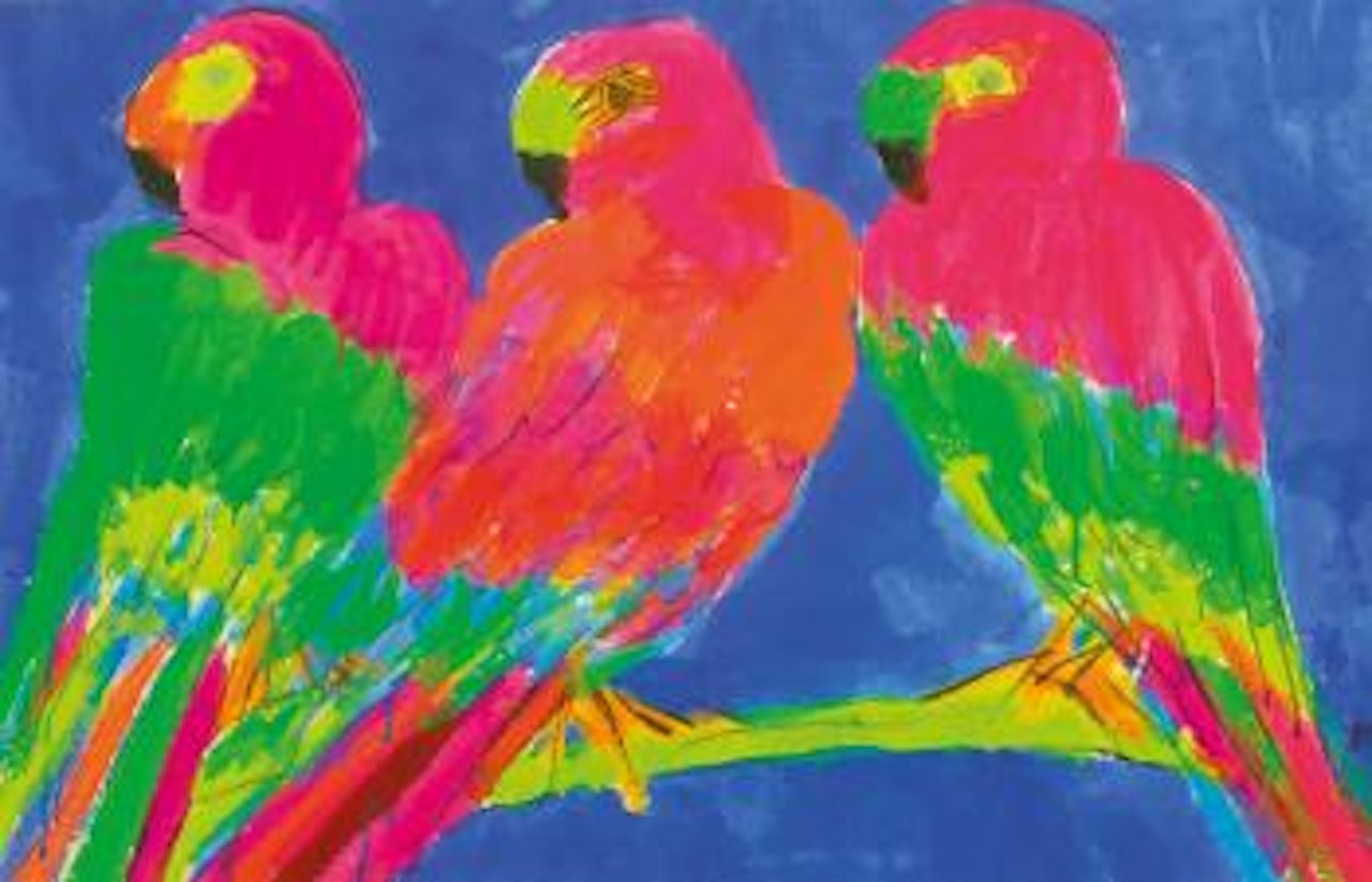 Three parrots with feathers by Walasse Ting