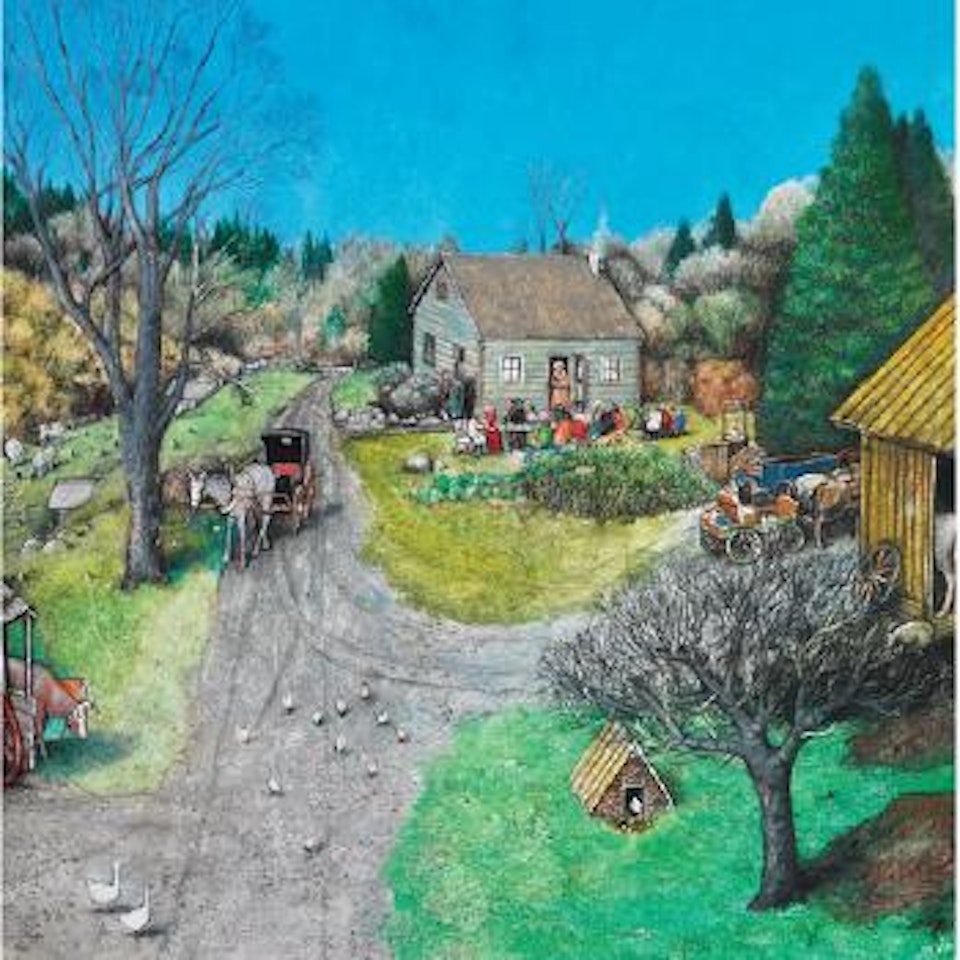 After church during Indian summer (the Kavanagh Homestead, Bancroft) by William Kurelek