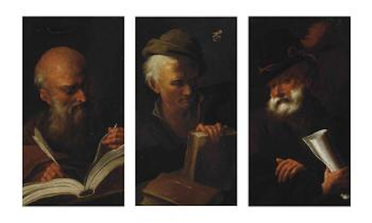 A bearded philosopher, writing, a quill in his right hand; A philosopher, in a brown coat and hat, his right hand resting on a book; and A bearded philosopher, holding a scroll in his right hand by Januarius Johann Rasso Zick